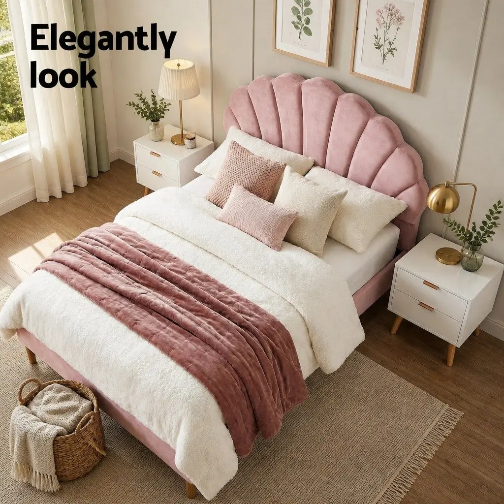 Pink Velvet Double Bed Frame with Scallop Headboard