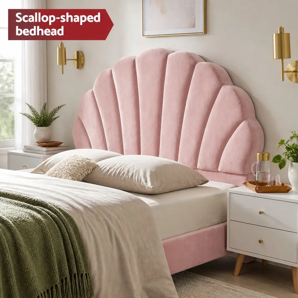 Pink Velvet Double Bed Frame with Scallop Headboard