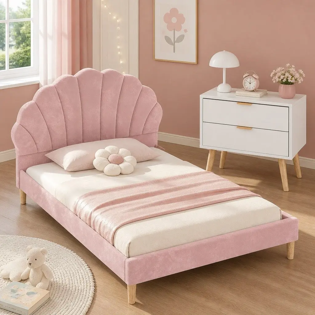 Pink Velvet Double Bed Frame with Scallop Headboard
