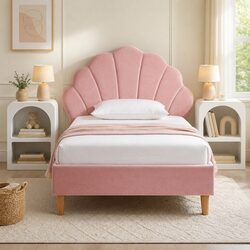 Scallop Headboard King Single Bed Frame in Pink Velvet