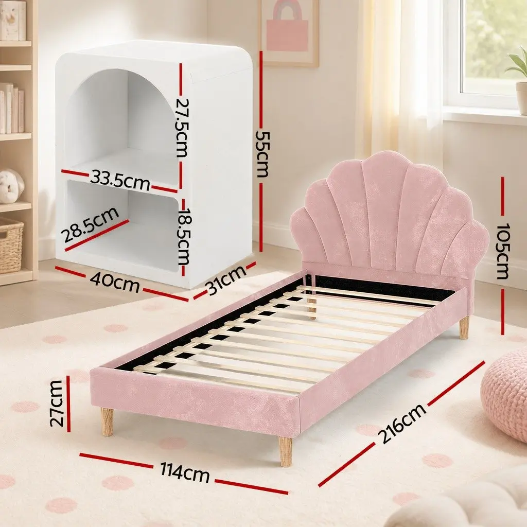 King Single Bed Frame Pink Velvet with Scallop Headboard and 2 White Nightstands