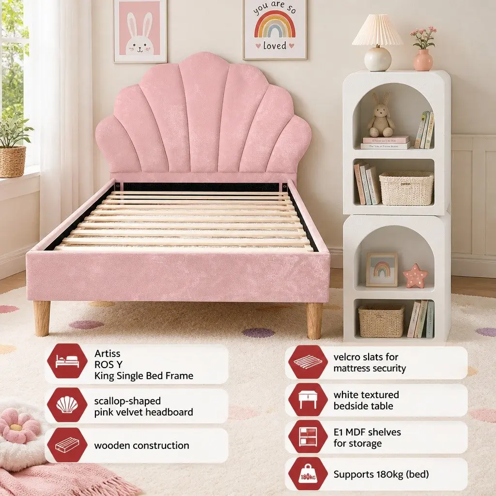 King Single Bed Frame Pink Velvet with Scallop Headboard and 2 White Nightstands