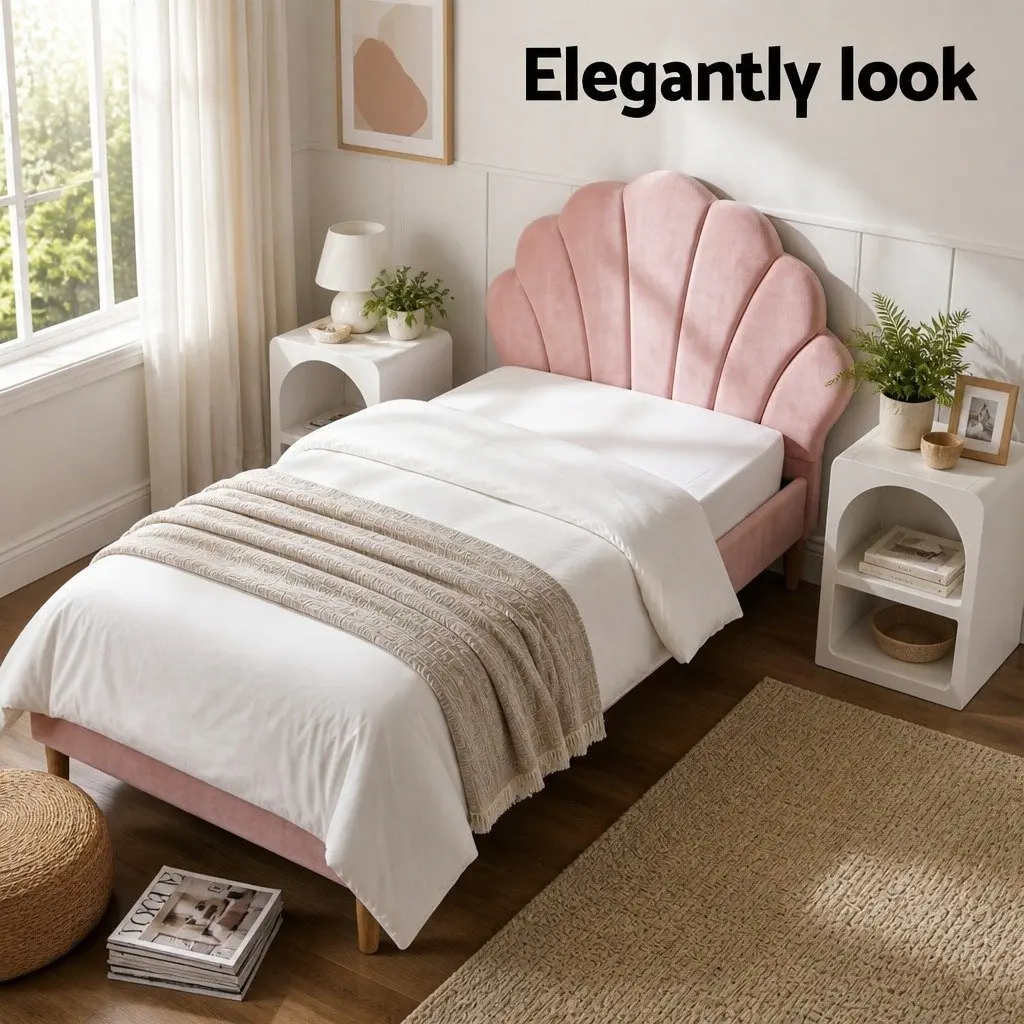 King Single Bed Frame Pink Velvet with Scallop Headboard and 2 White Nightstands