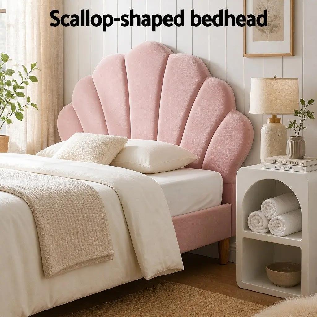 King Single Bed Frame Pink Velvet with Scallop Headboard and 2 White Nightstands