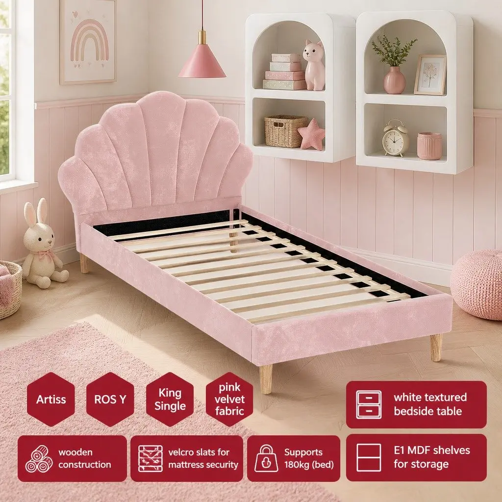 King Single Bed Frame Pink Velvet with Scallop Headboard and 2 White Nightstands