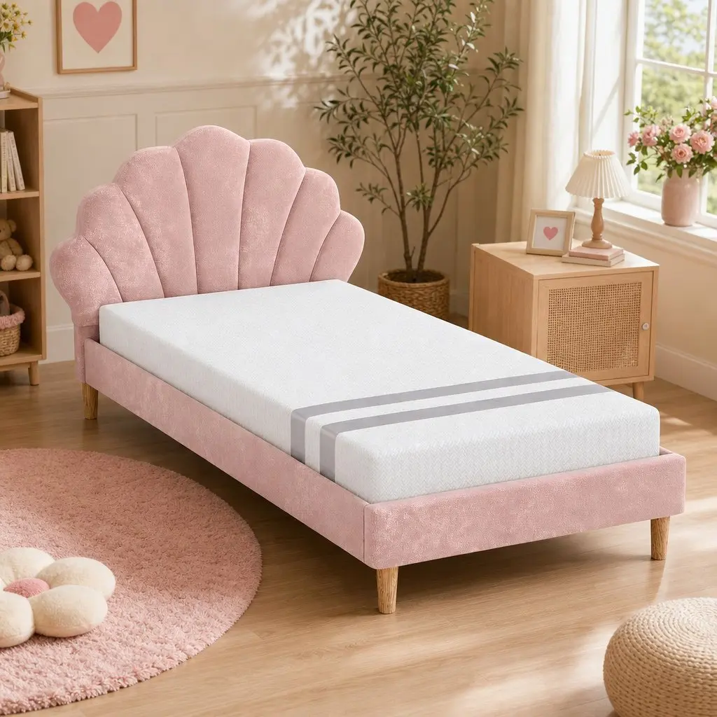 King Single Bed Frame Wood Pink Velvet 216cm x 114cm x 105cm with 20cm Memory Foam Mattress