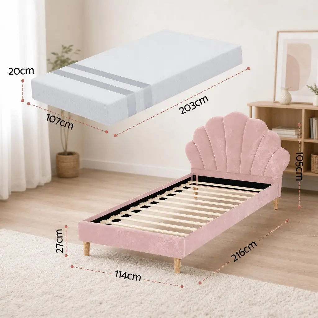 King Single Bed Frame Wood Pink Velvet 216cm x 114cm x 105cm with 20cm Memory Foam Mattress