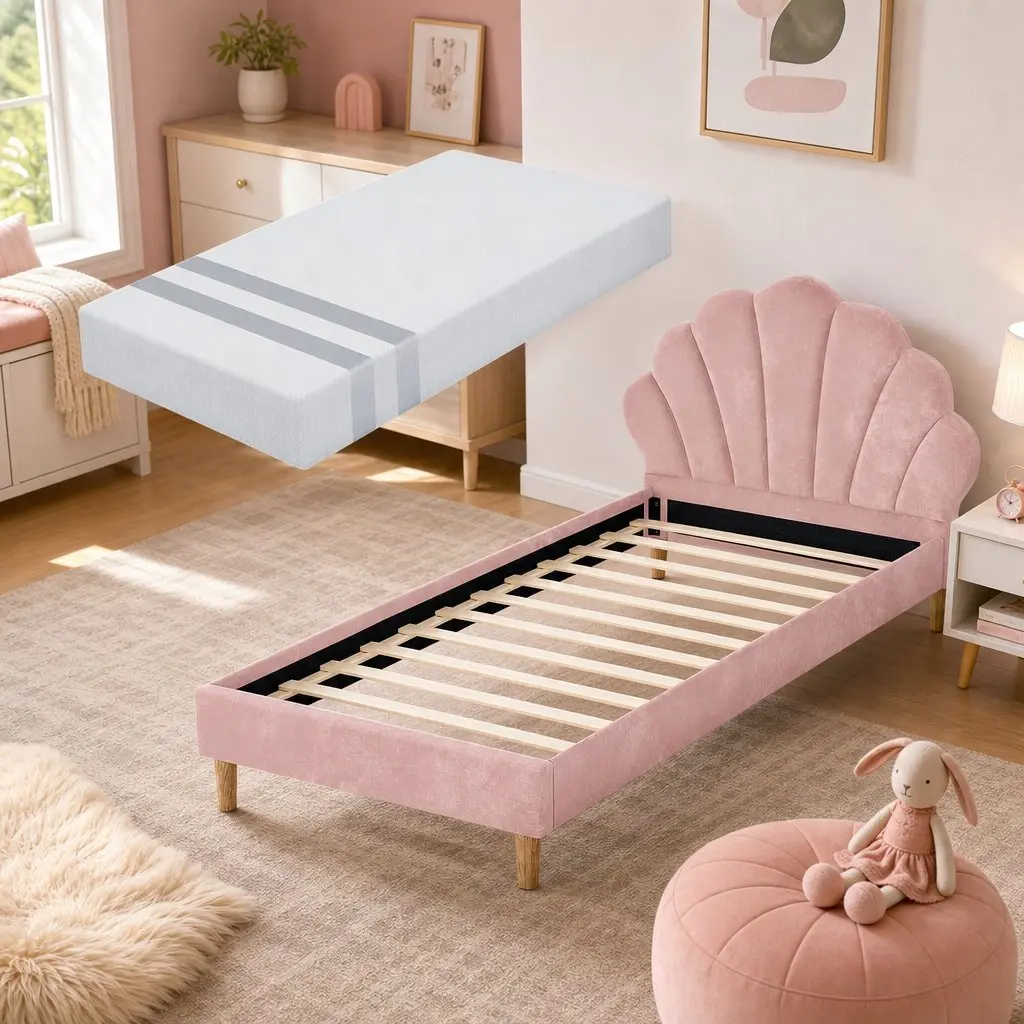 King Single Bed Frame Wood Pink Velvet 216cm x 114cm x 105cm with 20cm Memory Foam Mattress