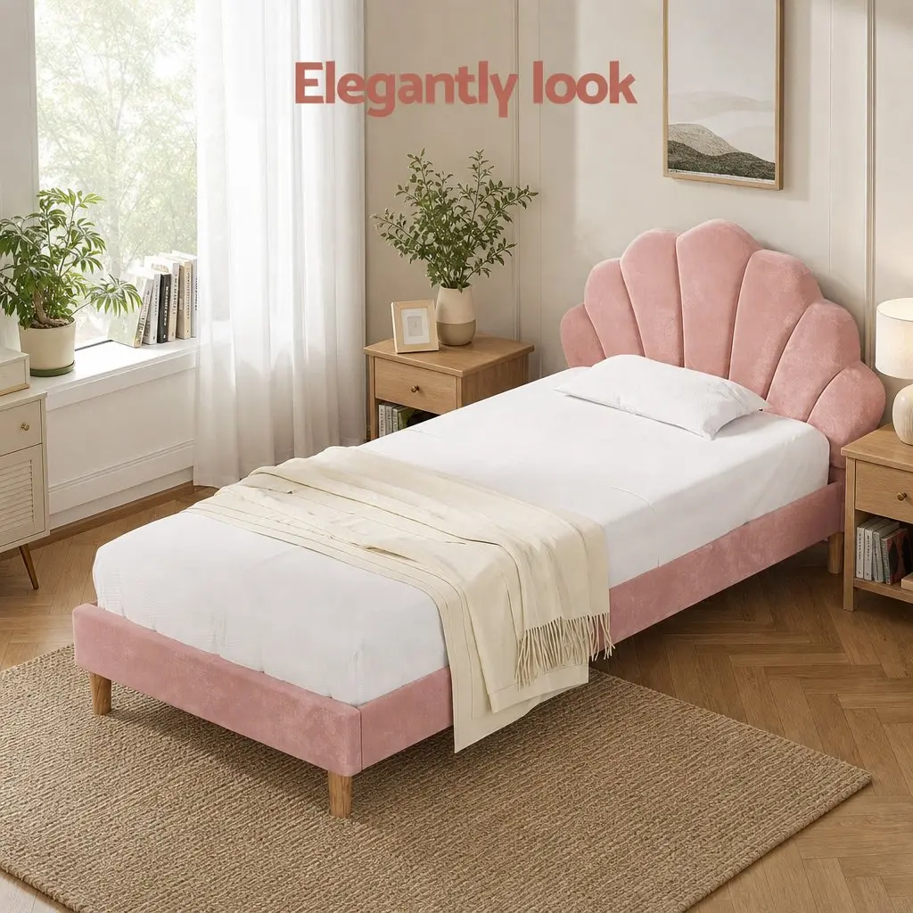 King Single Bed Frame Wood Pink Velvet 216cm x 114cm x 105cm with 20cm Memory Foam Mattress
