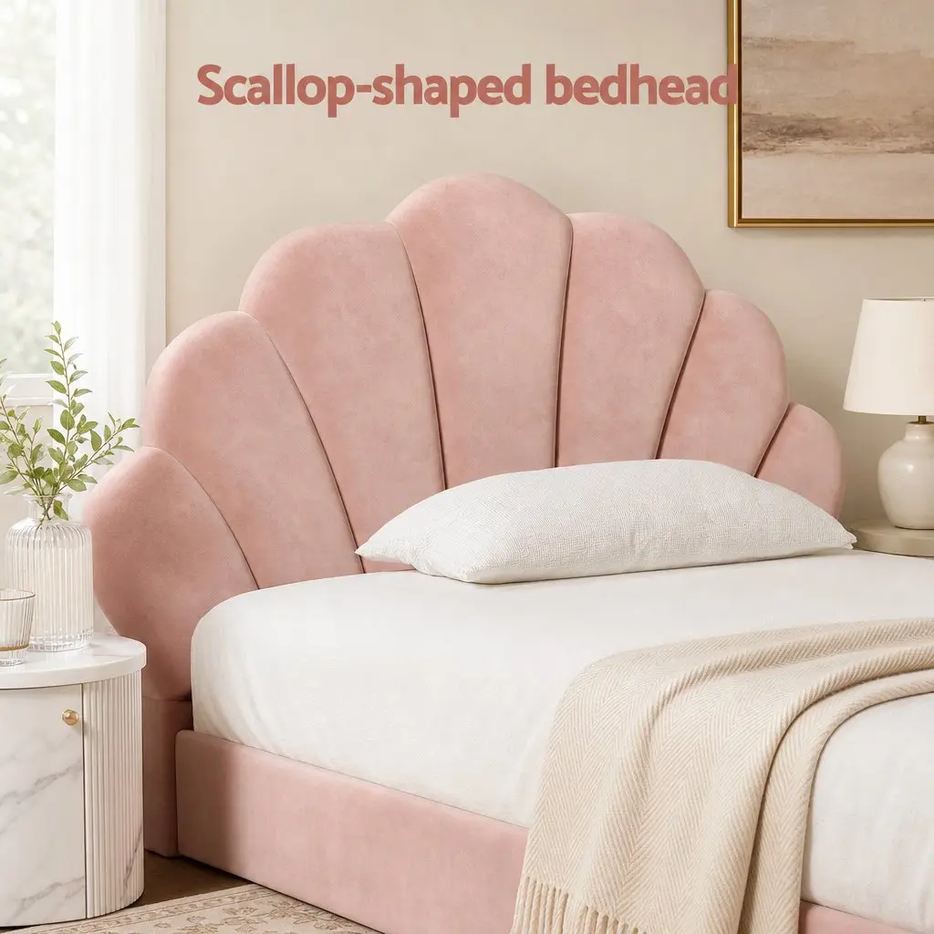 King Single Bed Frame Wood Pink Velvet 216cm x 114cm x 105cm with 20cm Memory Foam Mattress