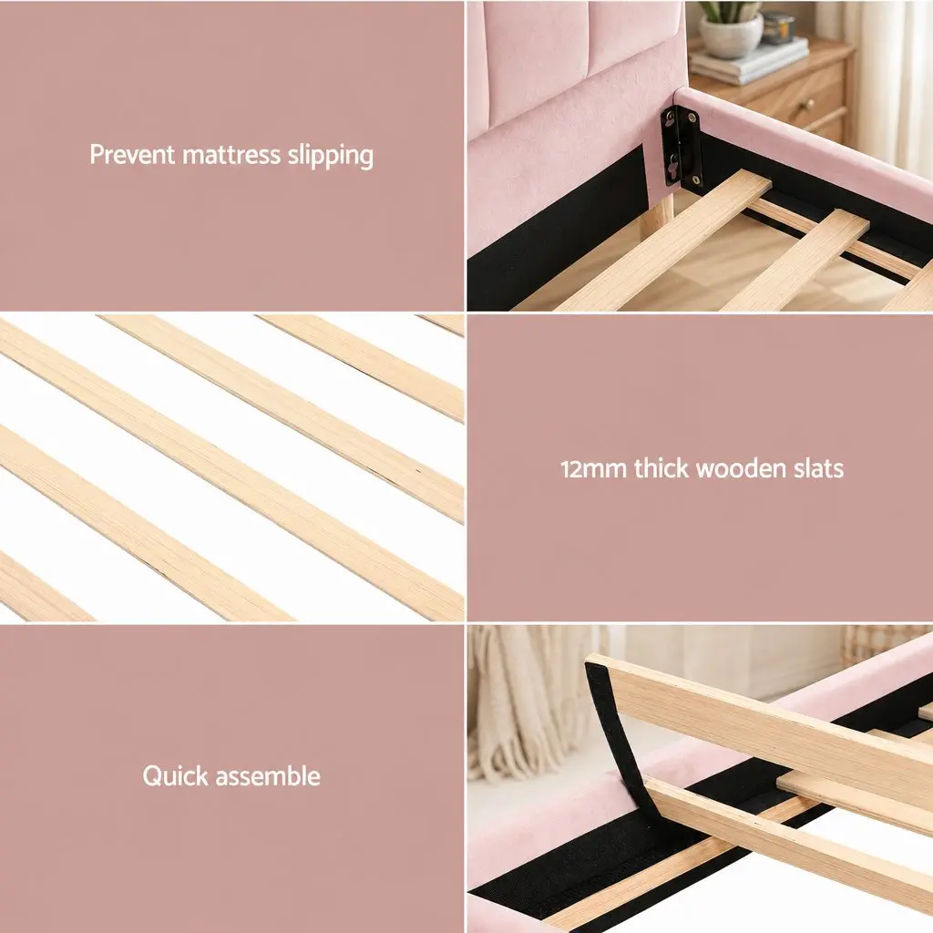 King Single Bed Frame Wood Pink Velvet 216cm x 114cm x 105cm with 20cm Memory Foam Mattress