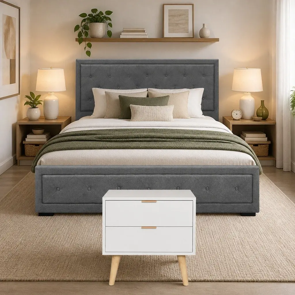 Queen Gas Lift Bed Frame with Storage and 2-Drawer Table