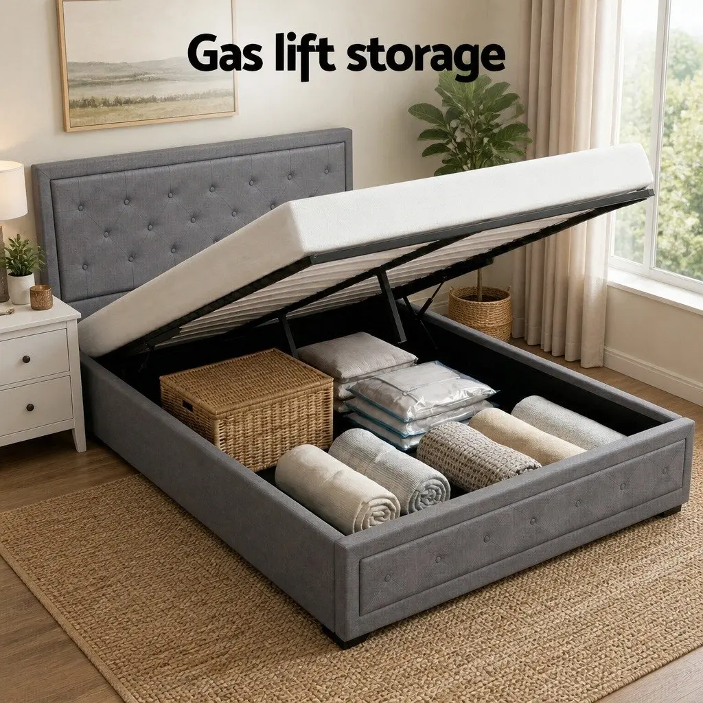 Queen Gas Lift Bed Frame with Storage and 2-Drawer Table