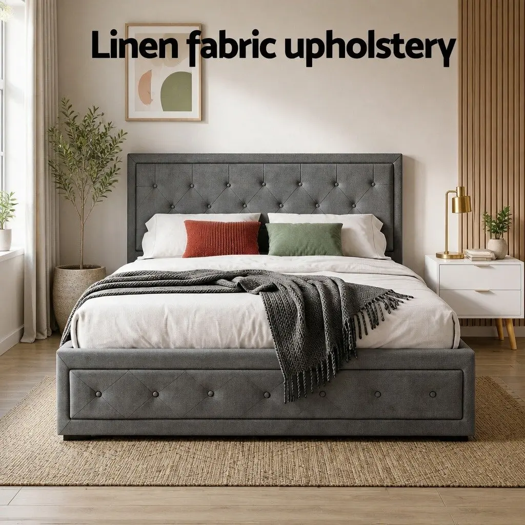 Queen Gas Lift Bed Frame with Storage and 2-Drawer Table