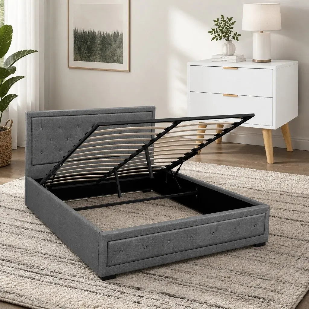 Queen Gas Lift Bed Frame with Storage and 2-Drawer Table