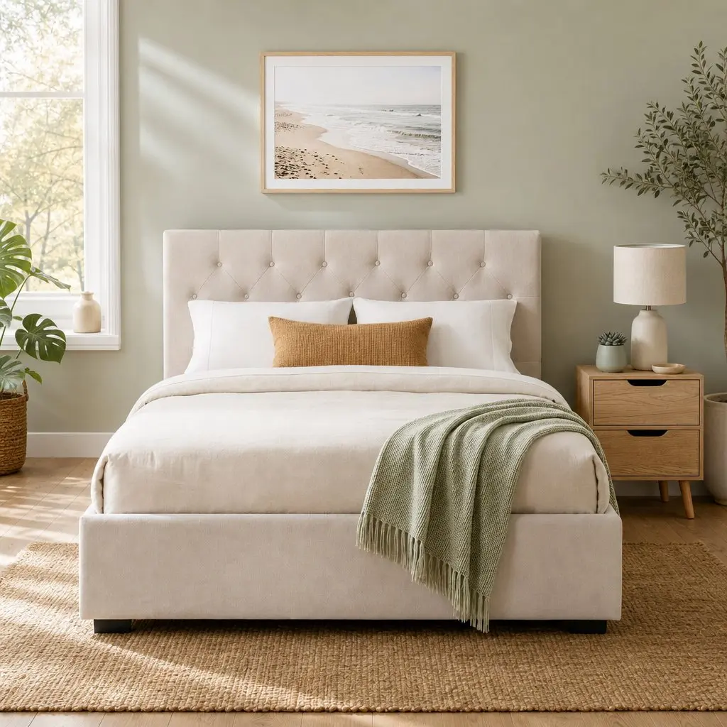 Double Bed Frame Faux Linen Beige with Storage Gas Lift Base Tufted Headboard and 2-Drawer Nightstand