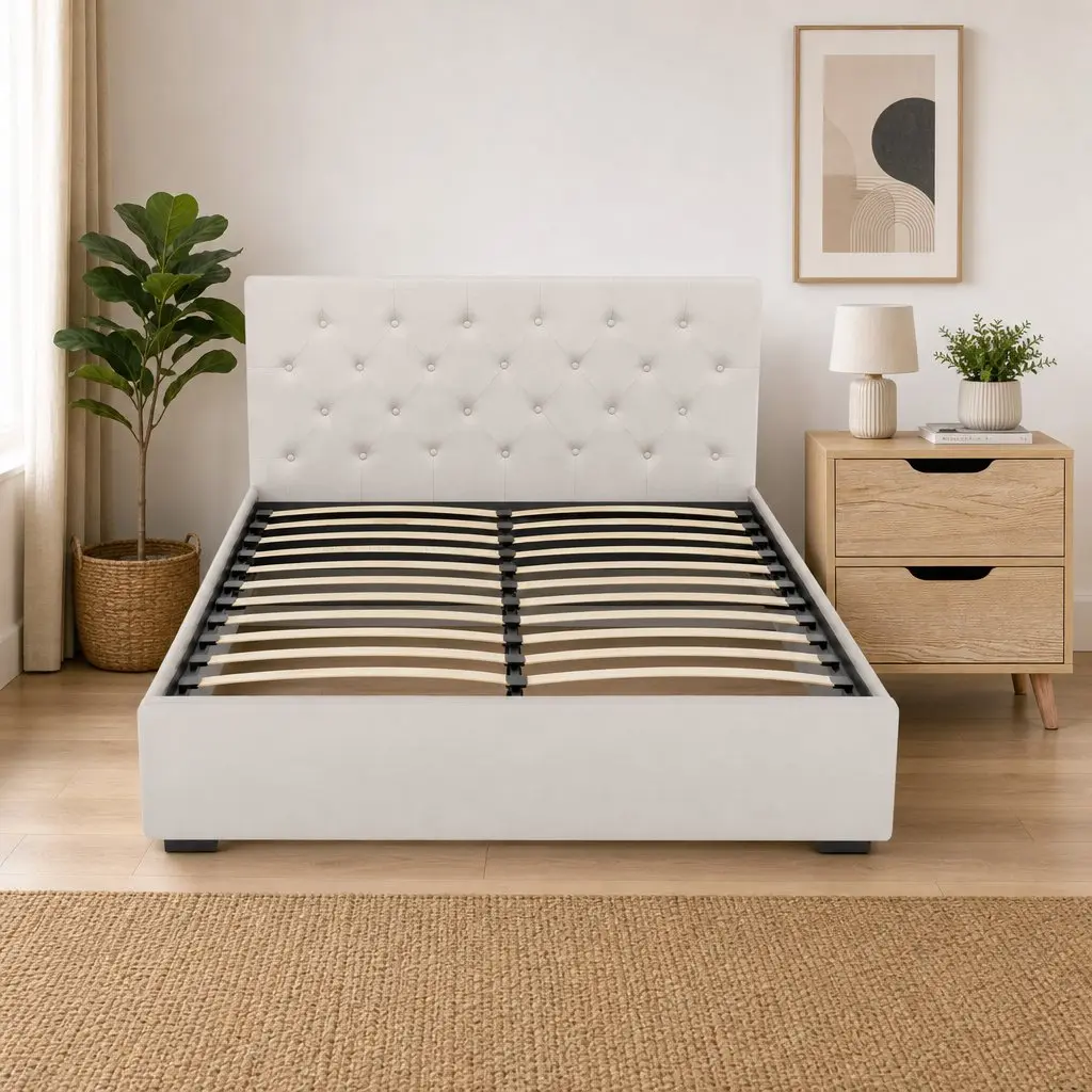 Double Bed Frame Faux Linen Beige with Storage Gas Lift Base Tufted Headboard and 2-Drawer Nightstand