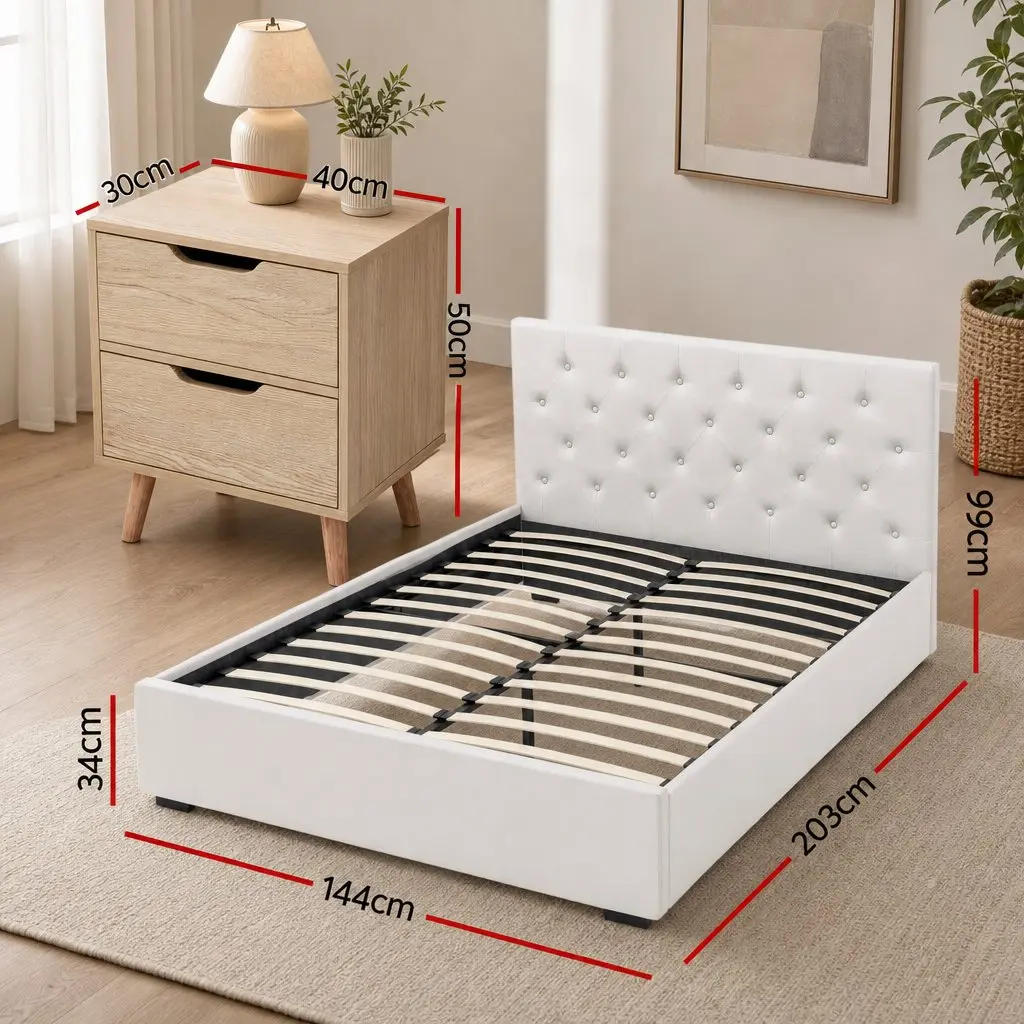 Double Bed Frame Faux Linen Beige with Storage Gas Lift Base Tufted Headboard and 2-Drawer Nightstand