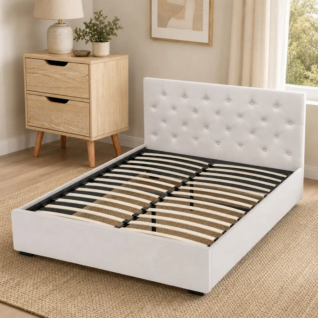Double Bed Frame Faux Linen Beige with Storage Gas Lift Base Tufted Headboard and 2-Drawer Nightstand