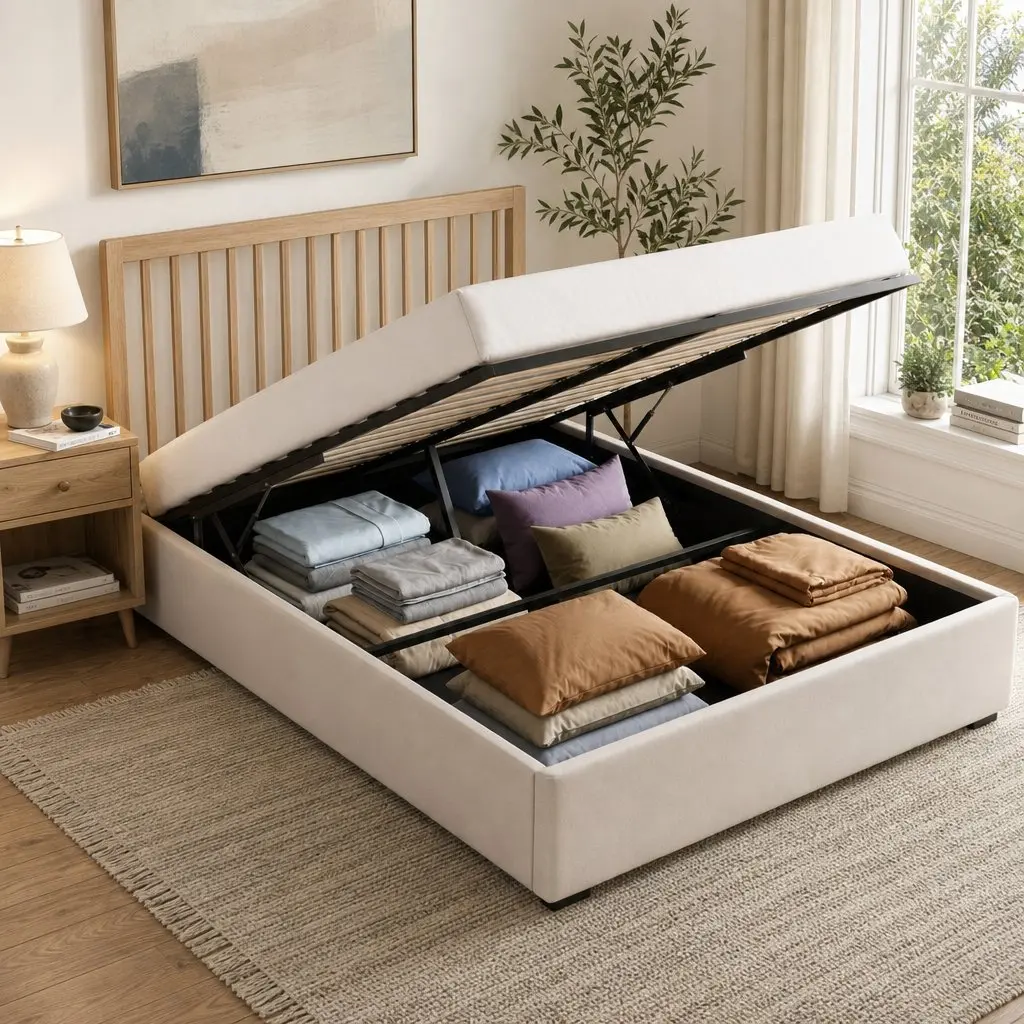 Double Bed Frame Faux Linen Beige with Storage Gas Lift Base Tufted Headboard and 2-Drawer Nightstand