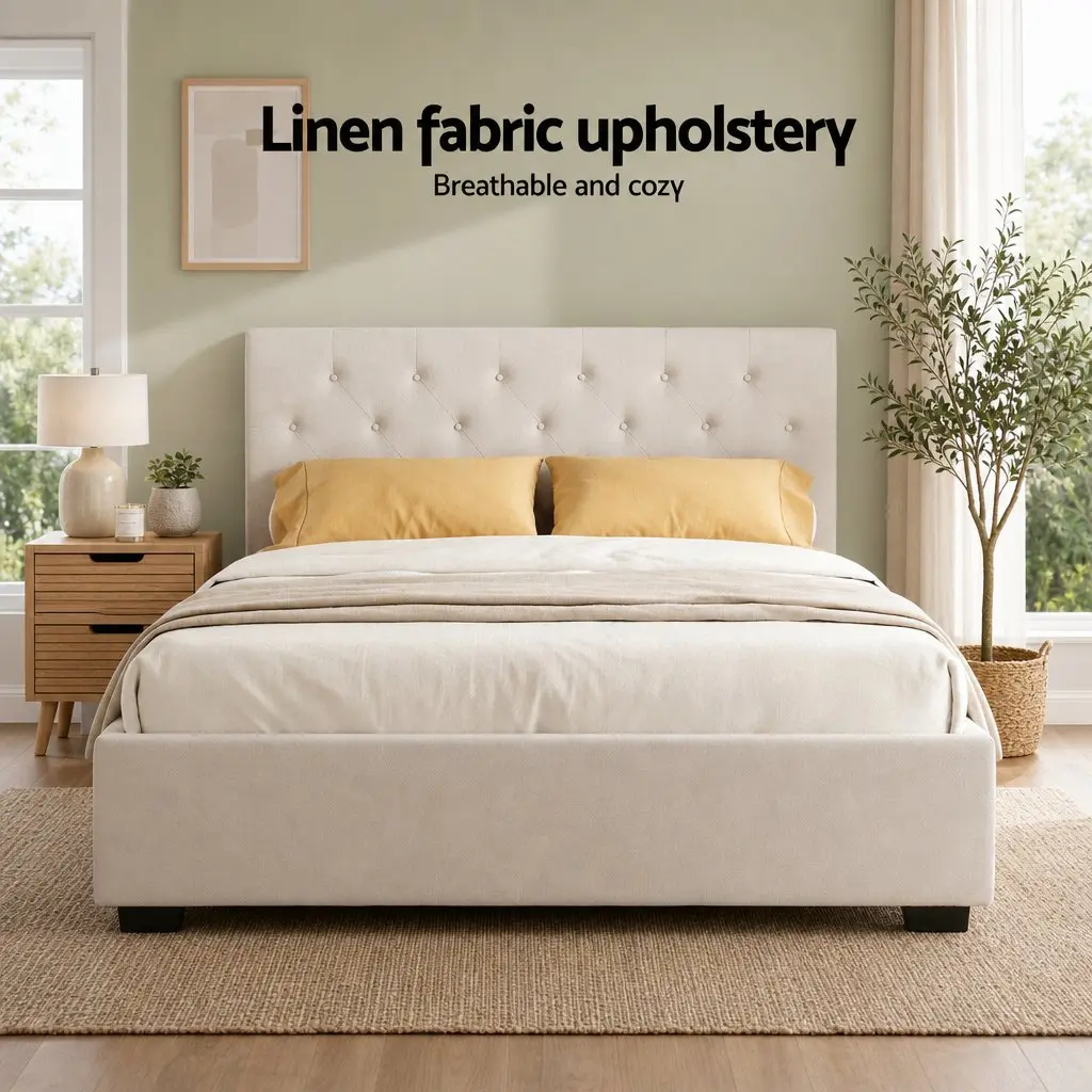 Double Bed Frame Faux Linen Beige with Storage Gas Lift Base Tufted Headboard and 2-Drawer Nightstand