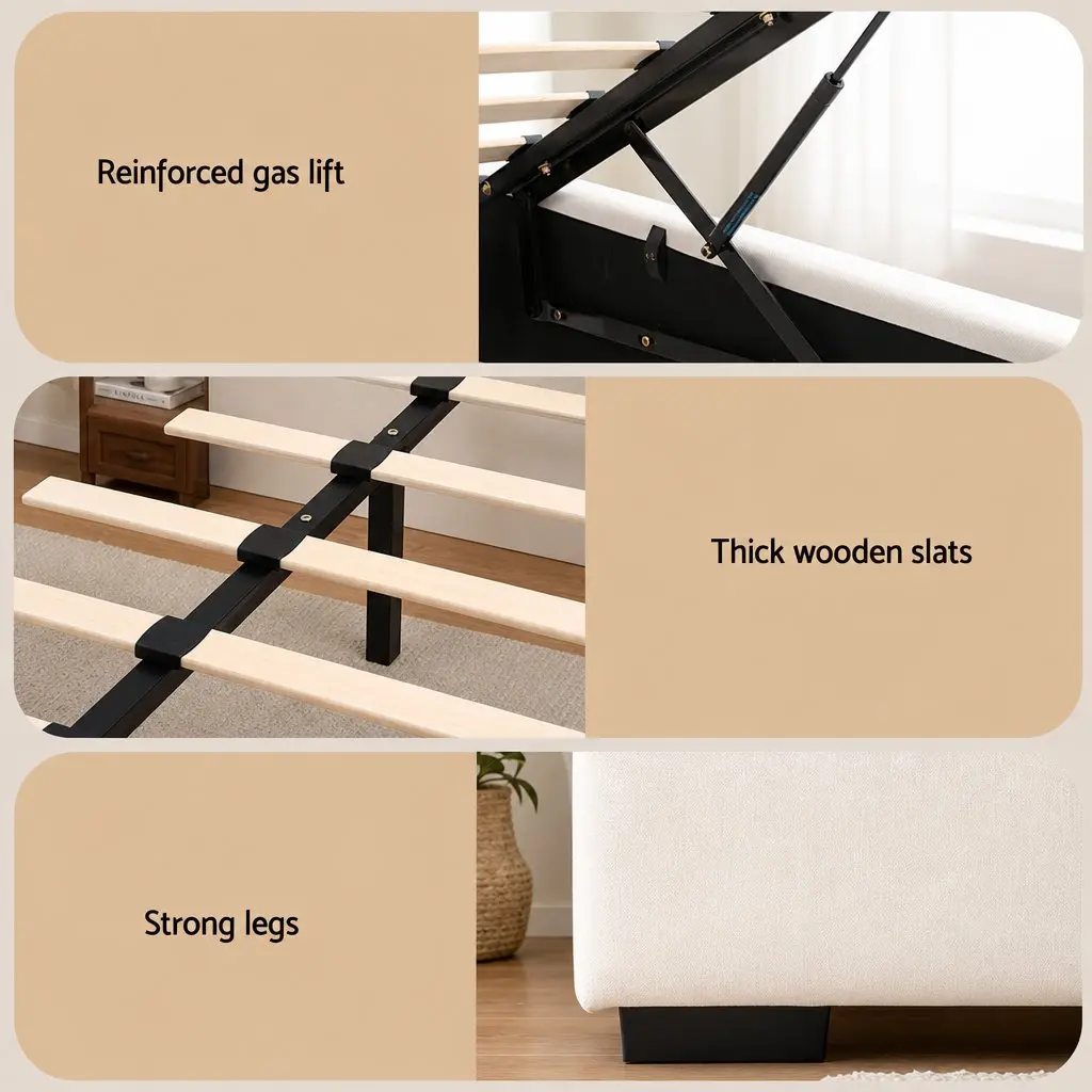 Double Bed Frame Faux Linen Beige with Storage Gas Lift Base Tufted Headboard and 2-Drawer Nightstand