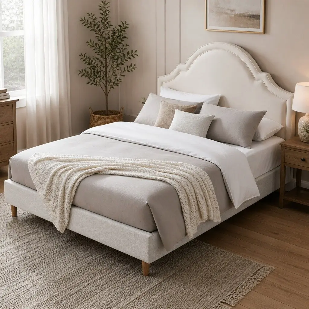 Queen Bed Frame Wood Velvet Scalloped Headboard Beige 217cm x 160cm x 33cm with Under Bed Storage