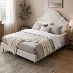 Sturdy Queen Bed Frame with Scalloped Velvet Headboard