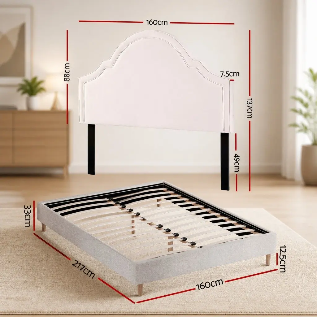 Queen Bed Frame Wood Velvet Scalloped Headboard Beige 217cm x 160cm x 33cm with Under Bed Storage