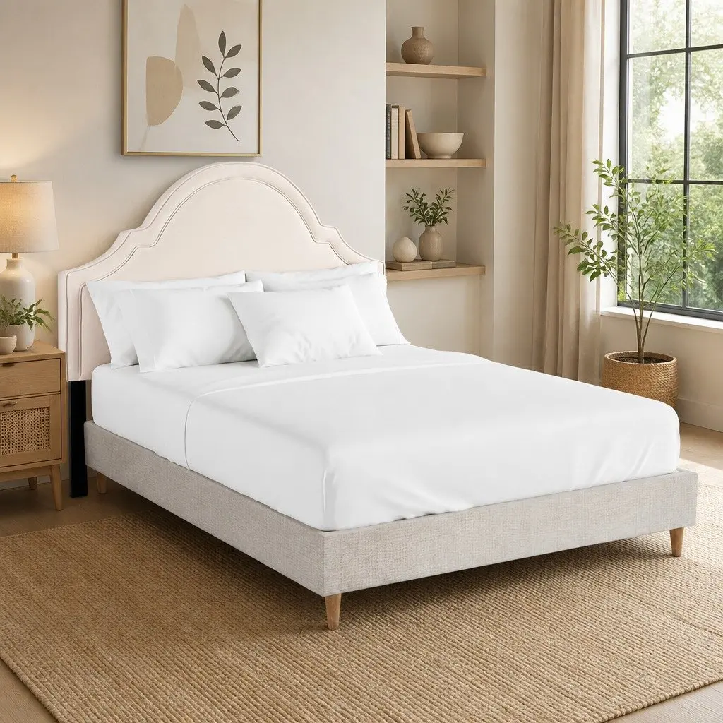 Queen Bed Frame Wood Velvet Scalloped Headboard Beige 217cm x 160cm x 33cm with Under Bed Storage