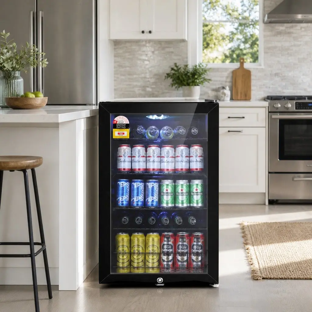 115L Black Bar Fridge with Glass Door and LED Light