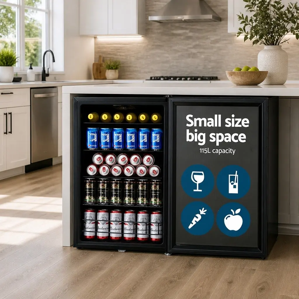 115L Black Bar Fridge with Glass Door and LED Light