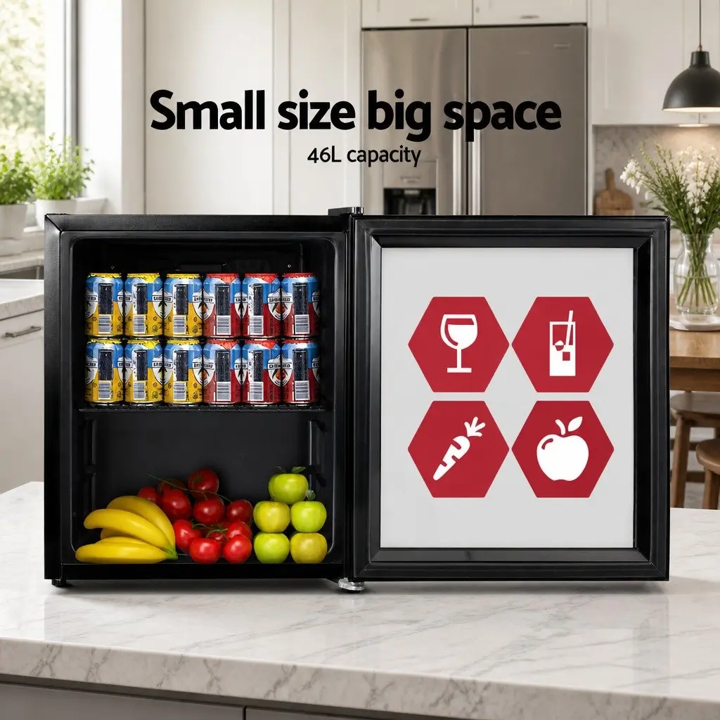 46L Bar Fridge Glass Door Beverage Cooler Mini Portable Compact Black Chiller