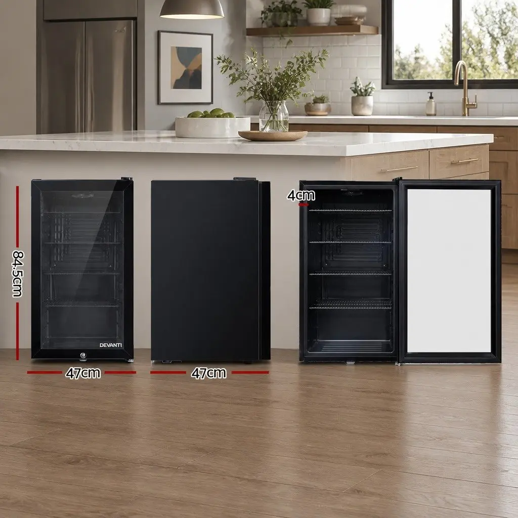 Bar Fridge Glass Door 98L Mini Fridge Freezer Compact Portable Beverage Cooler Black