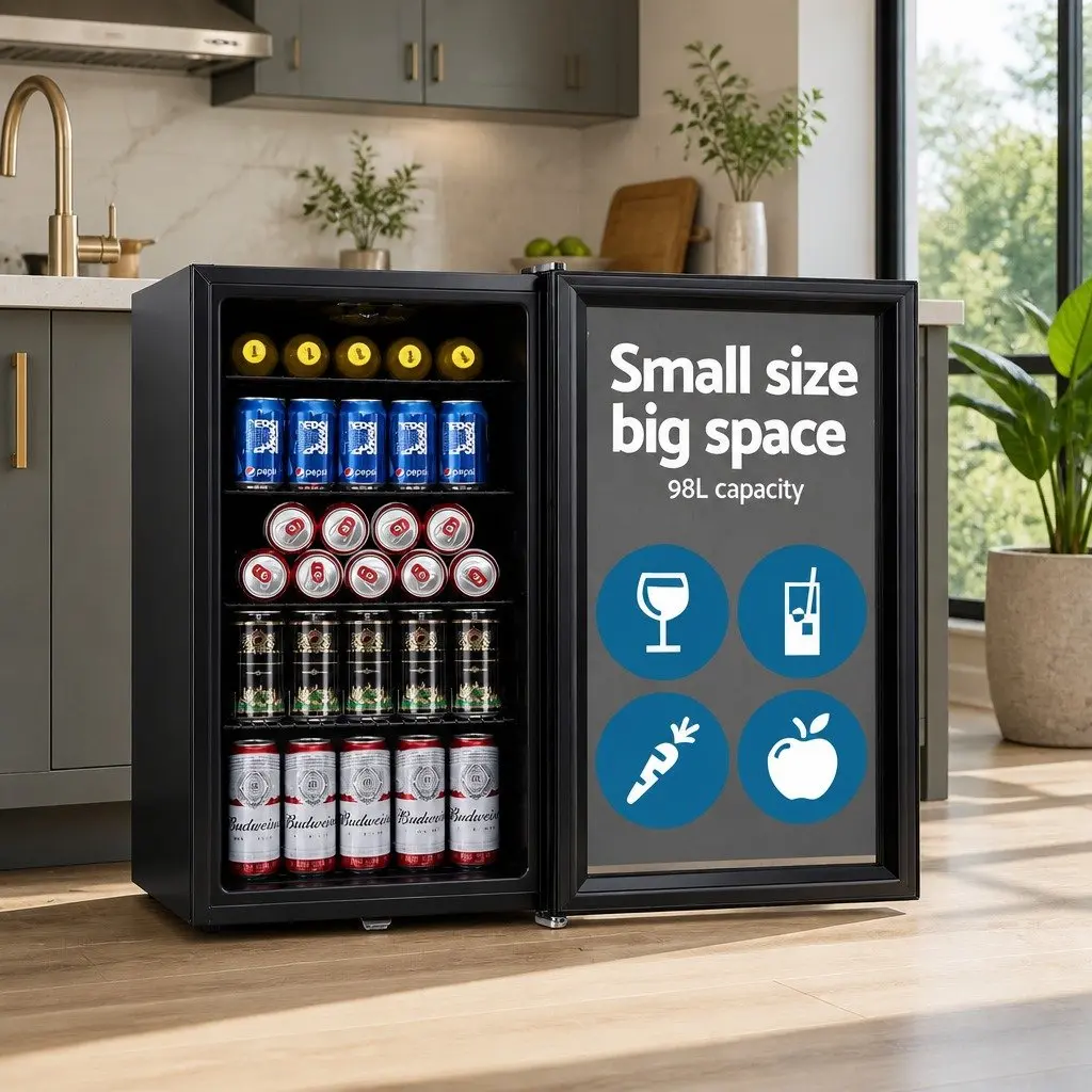 Bar Fridge Glass Door 98L Mini Fridge Freezer Compact Portable Beverage Cooler Black