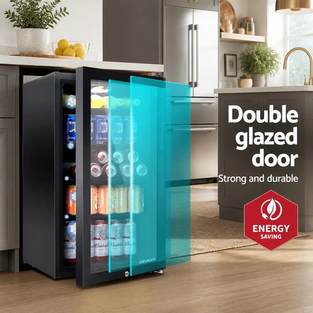 Bar Fridge Glass Door 98L Mini Fridge Freezer Compact Portable Beverage Cooler Black