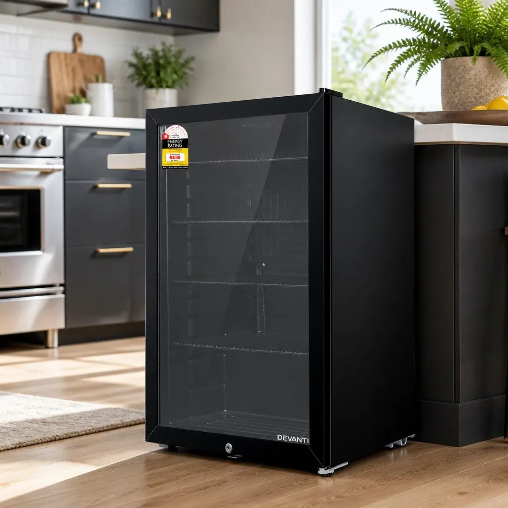 Bar Fridge Glass Door 98L Mini Fridge Freezer Compact Portable Beverage Cooler Black