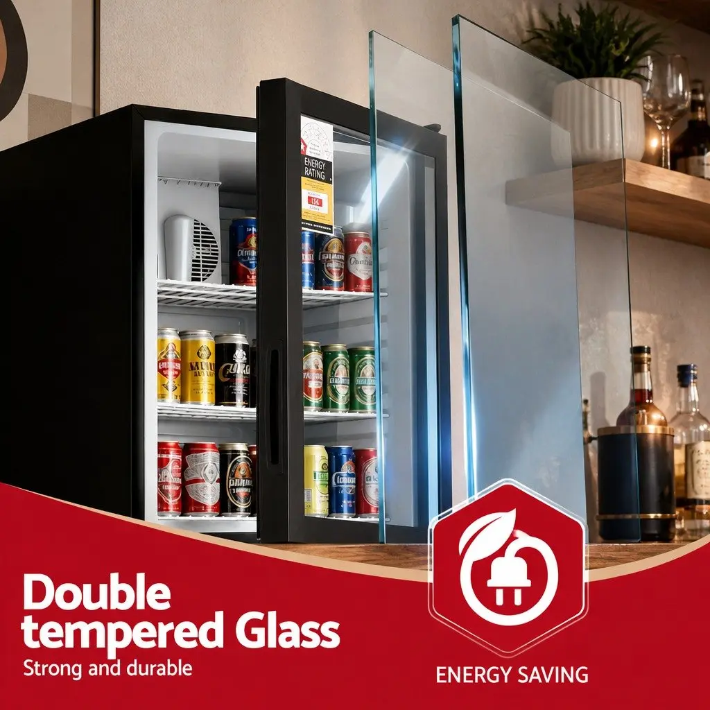Bar Fridge Glass Door 105L Mini Cooler Beverage Chiller Black
