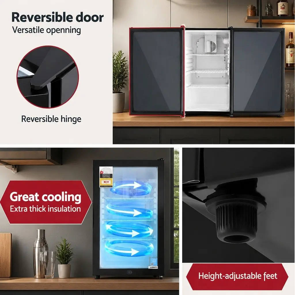 Bar Fridge Glass Door 105L Mini Cooler Beverage Chiller Black