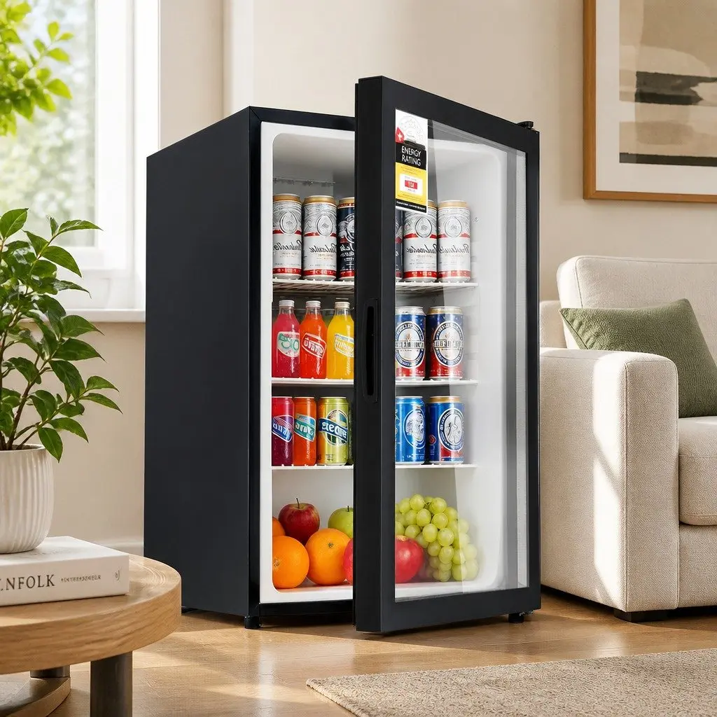 Bar Fridge Glass Door 105L Mini Cooler Beverage Chiller Black