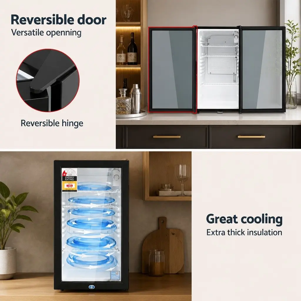 Bar Fridge Glass Door 78L Compact Black Countertop Beverage Chiller