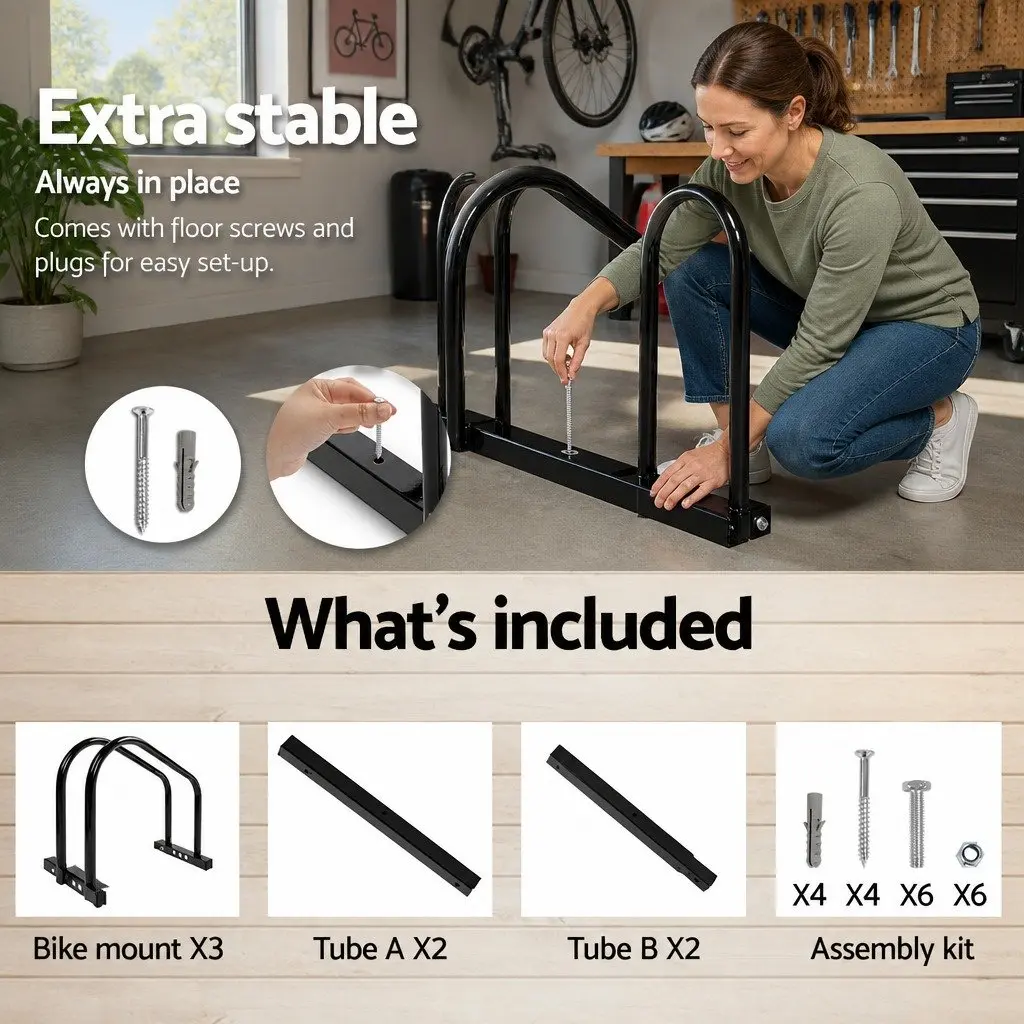 Bicycle Stand Steel 3 Bikes Freestanding Black