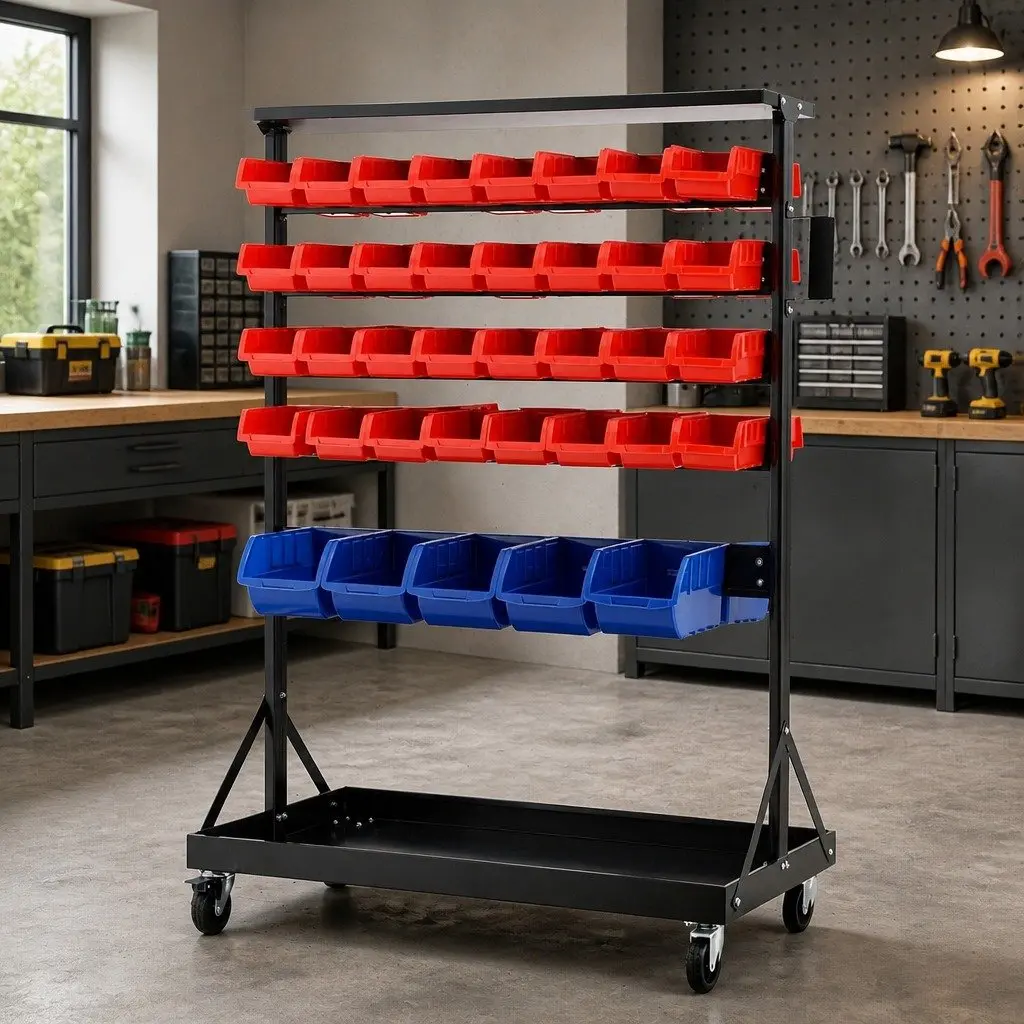 Mobile Double-Sided 74 Bin Storage Rack with 5 Tiers