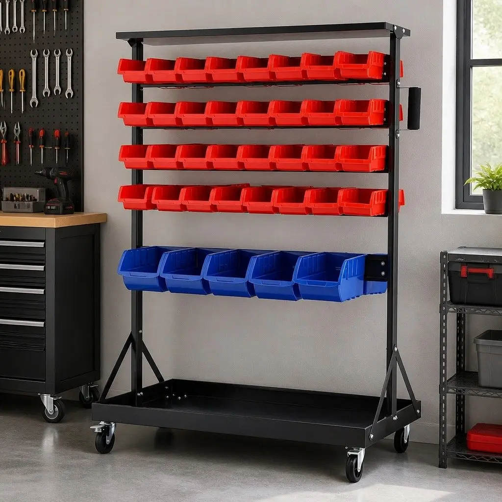 74 Bin Storage Rack Steel 5 Tier Double Sided Mobile Organizer Red Blue