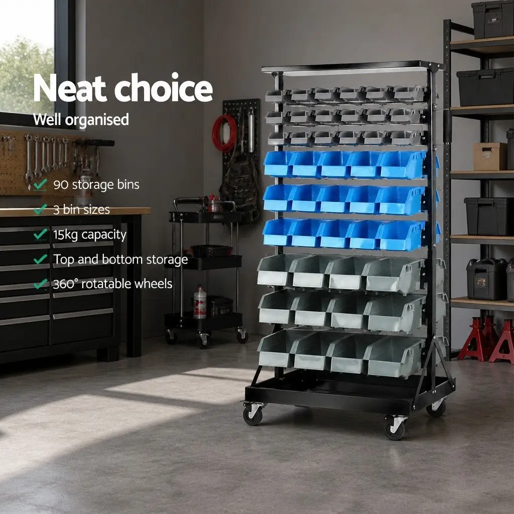 Double-Sided 90-Bin Storage Rack with Heavy-Duty Steel Frame