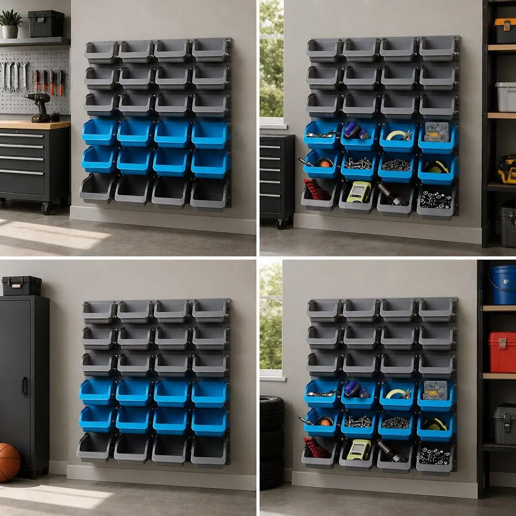 Storage Bin Rack Wall Mounted Heavy Duty 96 Bins Pegboard Tool Organiser Garage Workshop Blue Grey