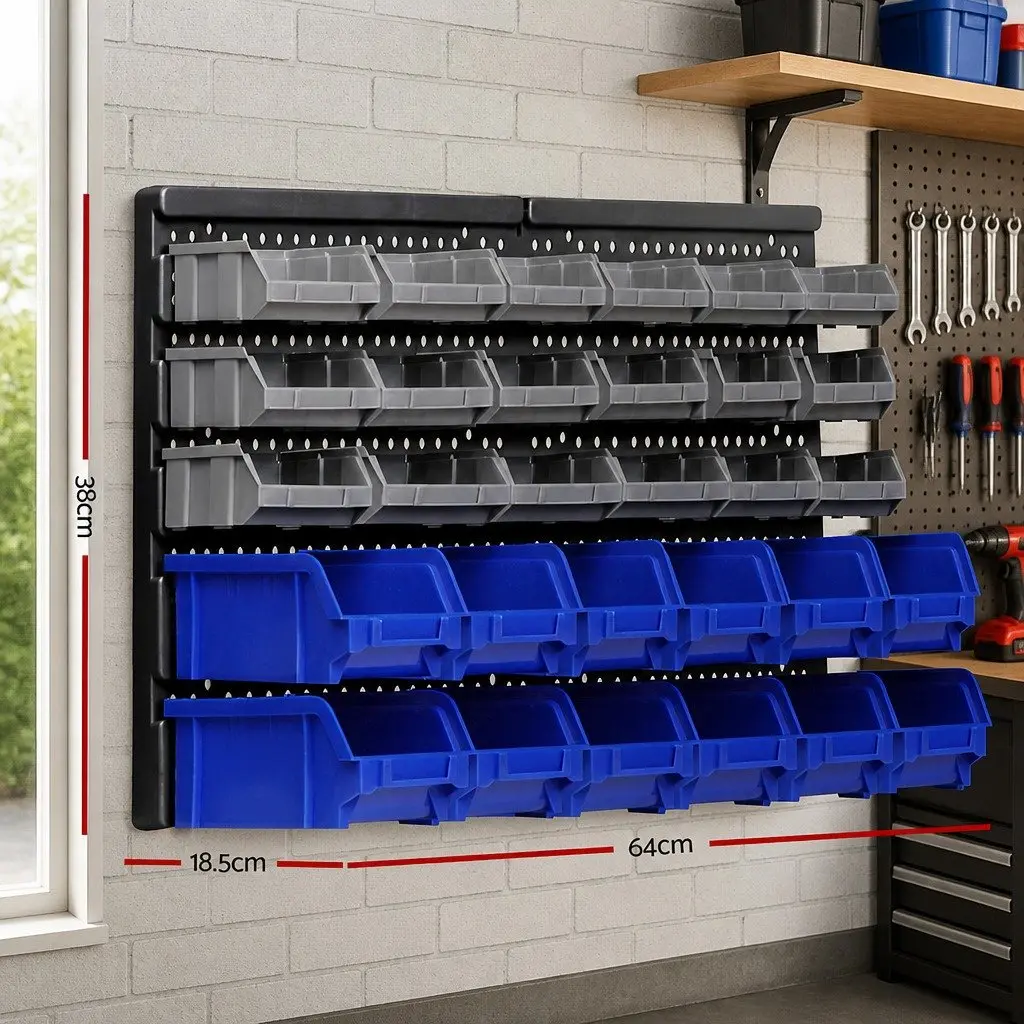 30 Bin Wall Mounted Tool Holder with Pegboard