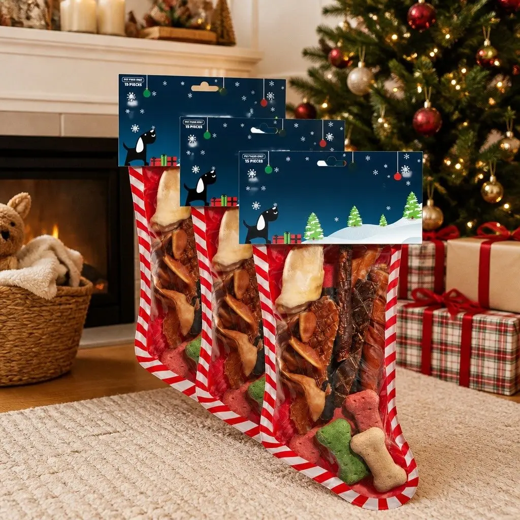 Festive Dog Treats Stocking with 15 Chew Snacks