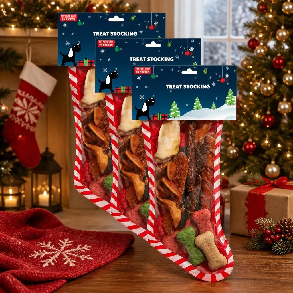 Festive Dog Treats Stocking with 15 Chew Snacks