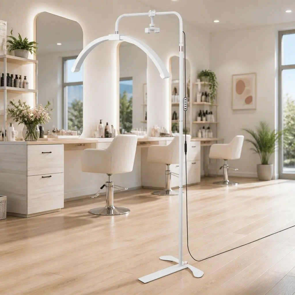 LED Makeup Mirror Stand Aluminum Alloy Half Moon 360 Degree Rotation Adjustable Brightness White